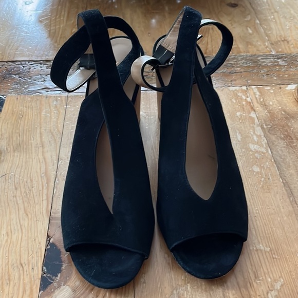 M. Gemi Italian Black Suede Peep Toe Ankle Strap Wooden Block Heel 11 42 - Picture 3 of 16